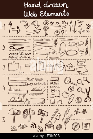 Un ensemble de croquis dessinés à la main, des éléments de conception web pour site web ou illustrations. Les couleurs sont facilement changer. Banque D'Images