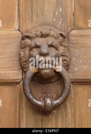 Heurtoir de porte oriental vintage metal lion sur porte en bois Banque D'Images