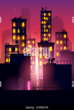 Coucher de soleil sur la ville. Éclairage à partir du city apartments ajouter à la tombée de la ville d'été. Vector illustration. Banque D'Images