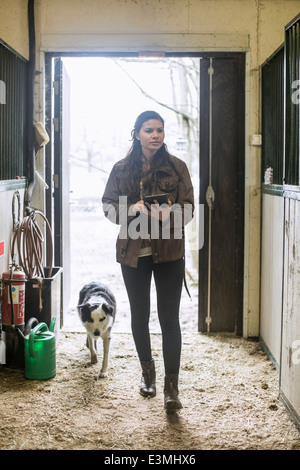 Toute la longueur de young woman using digital tablet in horse stable Banque D'Images