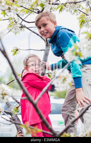 Portrait de Garçon jouant avec sœur on tree branch Banque D'Images