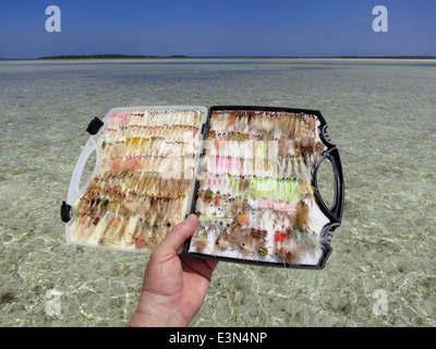 Man holding box de mouches utilisées pour la pêche à la mouche du bonefish tandis que sur l'île d'Abaco aux Bahamas. Banque D'Images