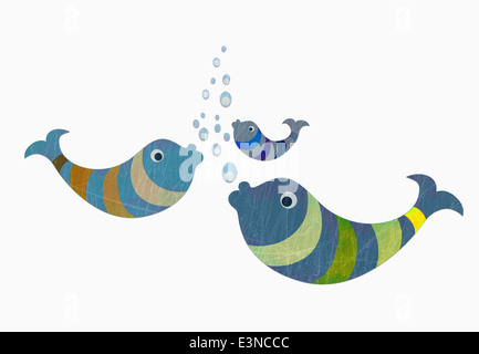 Poissons avec bulles d'eau contre fond blanc Banque D'Images