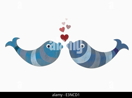 Deux poissons avec des bulles en forme de coeur contre fond blanc Banque D'Images