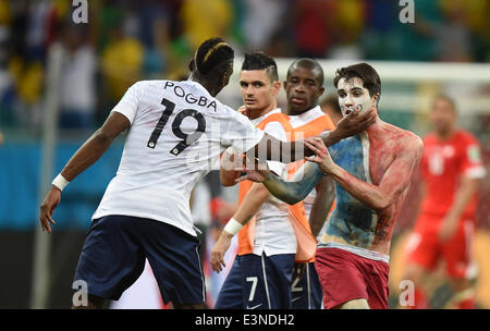 Un streaker (R-L) célèbre avec France's Antonio Mavuba, Rémy Cabella et Paul Pogba après la Coupe du Monde 2014 groupe e avant-match entre la Suisse et la France à l'Arena Fonte Nova Stadium à Salvador da Bahia, Brésil, le 20 juin 2014. Photo : Marius Becker/dpa Banque D'Images