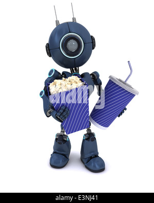 3D Render of un Android avec pop-corn et soda Banque D'Images