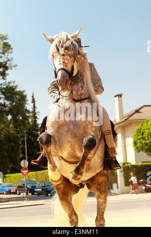 Homme rider sur son cheval cabré et danser au cours de la Feria del Caballon, La foire aux chevaux qui dure 3 semaines. Banque D'Images