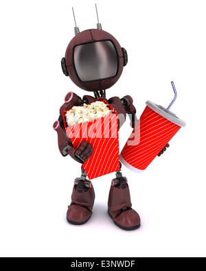 3D Render of un Android avec pop-corn et soda Banque D'Images