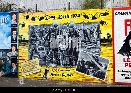 Fresque politique de la prison de Long Kesh, Falls Road, l'Ouest de Belfast, dans le comté d'Antrim, Irlande du Nord, Royaume-Uni. Banque D'Images