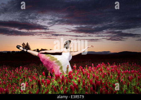 Ballerine danser dans un champ de trèfle au coucher du soleil Banque D'Images