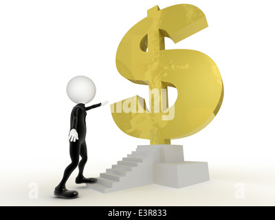 Homme d 3d près d'obtenir le signe dollar dans l'escalier Banque D'Images