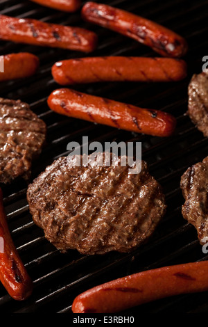 De délicieux hamburgers et hot-dogs sur le grill Banque D'Images