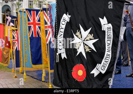 Manchester, UK. 28 Juin, 2014. Les drapeaux sont abaissées à la Manchester Journée des Forces armées dans des jardins de Piccadilly. La Journée des Forces armées, Manchester UK Crédit : John Fryer/Alamy Live News Banque D'Images