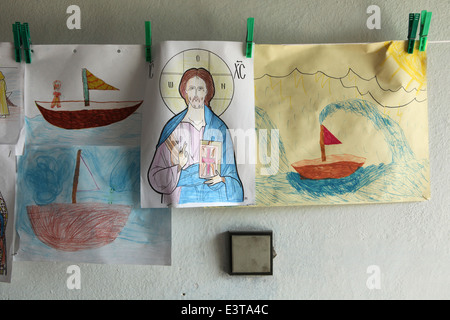 Jésus Christ et l'arche de Noé l'enfant Exposition de dessins religieux dans l'église de Saint Gorazd à Olomouc, République tchèque. Banque D'Images