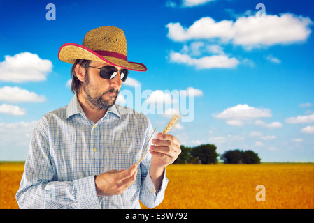 Agriculteur avec paille cowboy hat en champ de blé d'or l'examen de plante de blé. Concept de protection des cultures. Banque D'Images