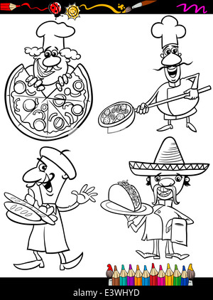 Livre de coloriage ou une page de bande dessinée de vulgarisation du noir et blanc avec les caractères Chefs Les aliments pour enfants Banque D'Images