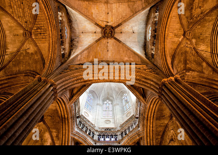 Plafond voûté gothique de la cathédrale de Barcelone (cathédrale de la Sainte Croix et Sainte Eulalia) en Catalogne, Espagne. Banque D'Images