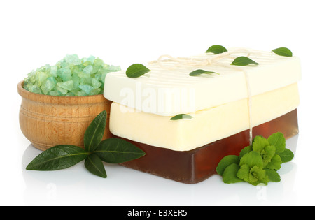 Composition Savon artisanal de spa, de feuilles et de sel sur fond blanc Banque D'Images