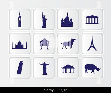 Symboles blancs de statues et de bâtiments célèbres de partout dans le monde Illustration de Vecteur