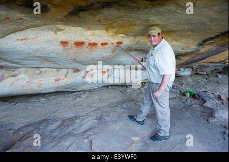 Guide au site d'art rupestre appelé Elephant Hunt, Bushmans Kloof Wilderness, Afrique du Sud Banque D'Images