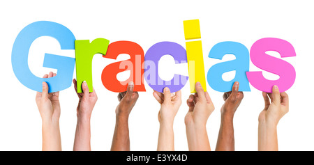 Groupe multiethnique de Hands Holding Gracias Banque D'Images