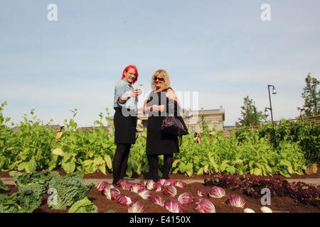 Huddersfield, West Yorks, UK. 2 juillet 2014. Les banlieusards Abbie Hardisty (L), Christine Richard (R) admirer potager. Les agriculteurs français, potager, moutons, poulets, porcs et une vache est apparu du jour au lendemain à St George's Square accueillera les navetteurs à l'extérieur de la gare. La ferme, qui propose également 1 700 laitues & 700kg de légumes, marque la fin de la 100 jours Yorkshire Festival 2014, pour célébrer le Grand Départ arrive à la comté. Intitulé 'La Vengeance des semis Semis'' (la vengeance) l'idylle rurale est entretenu par 26 agriculteurs français autour de l'horloge. © Deborah Vernon/Alamy Live N Banque D'Images