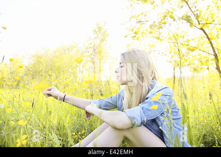 Jeune femme assise dans le champ de fleurs sauvages Banque D'Images