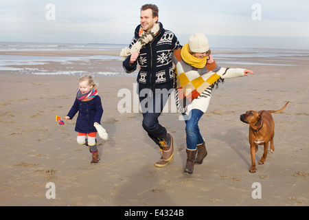 Mid adult parents, Fille et chien qui court sur la plage, Bloemendaal aan Zee, Pays-Bas