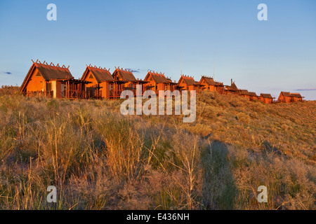 Vue extérieure de Xaus Lodge au Kgalagadi Transfrontier Park, Kalahari, Afrique du Sud, l'Afrique Banque D'Images