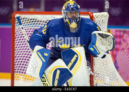 Henrik Lundqvist (SWE) au cours de gardien de but de hockey sur glace match vs CZE aux Jeux Olympiques d'hiver de Sotchi en 2014, Banque D'Images