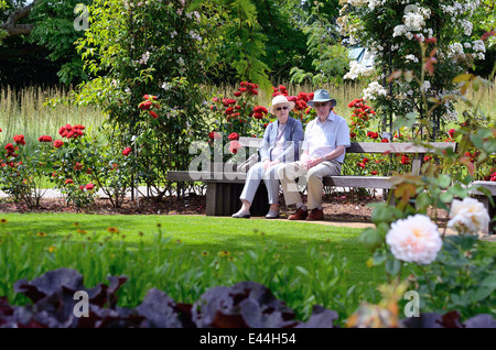 Couple de personnes âgées assis sur son fauteuil dans le jardin de fleurs Banque D'Images