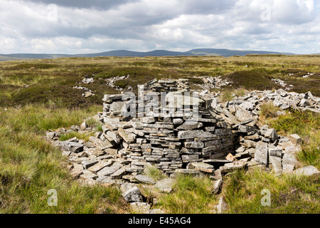 Un abri en pierre près du sommet de la colline de visualisation avec Cross est tombé et la Dun Fells derrière, Herdship ont chuté, County Durham UK Teesdale Banque D'Images