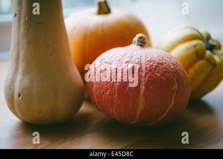 Une variété de citrouilles et courges d'automne prêt à sculpture pour Halloween et spooky conçoit et également pour faire dans les soupes et ragoûts Banque D'Images