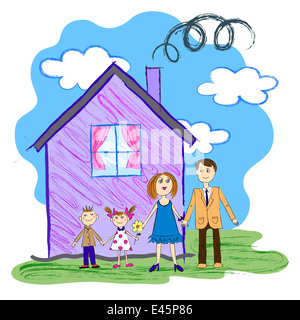 Enfants Crayon Croquis d'une famille heureuse, mère, père et enfants avec maison Banque D'Images