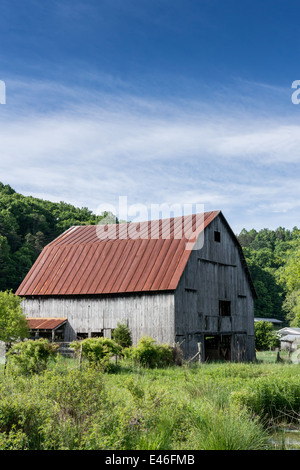 Une grange au toit de métal avec des murs en bois simple est situé le long d'un ruisseau en zone rurale Virginie Banque D'Images