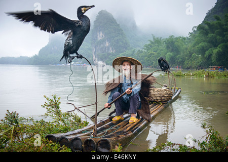 Le Cormorant fisherman et son oiseau sur la rivière Li à Yangshuo, Guangxi, Chine. Banque D'Images