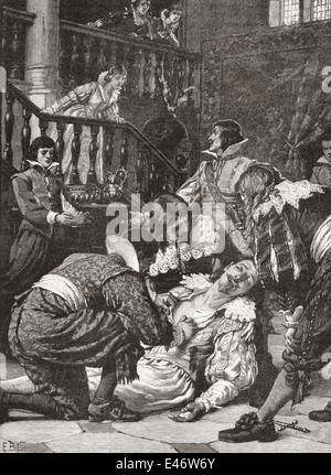 L'assassinat du duc de Buckingham, 23 août 1628, à l'entremise de Greyhound Pub, Portsmouth, Angleterre. Banque D'Images