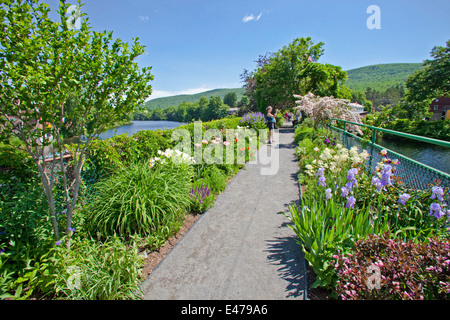 La ligne des fleurs colorées le chemin à travers le pont de fleurs à Shelburne Falls Banque D'Images