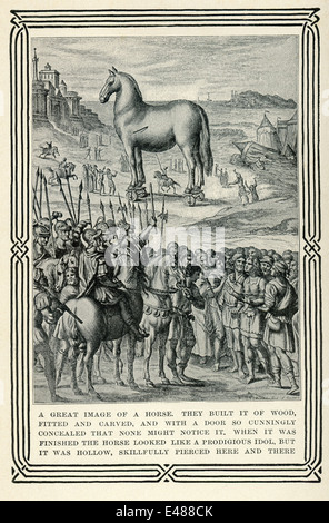 Au cours de la grande guerre de Troie, les Grecs (à gauche) offrent le cheval de Troie la et les murs de Troie à l'arrière-plan à gauche. Banque D'Images