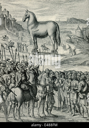 Au cours de la grande guerre de Troie, les Grecs (à gauche) offrent le cheval de Troie la et les murs de Troie à l'arrière-plan à gauche. Banque D'Images