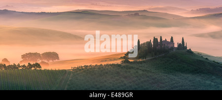 Célèbre Podere Belvedere dans la lumière du matin, au cœur de la Toscane, près de San Quirico in de Val d'Orcia Banque D'Images