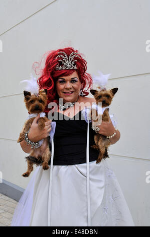 Derry, Londonderry, Irlande du Nord, Royaume-Uni - 05 juillet 2014. Recueillir des épouses pour tentative de record du monde. Candy Love et ses chiens Delilah et Cathy ont été parmi les centaines de jeunes mariées qui ont traversé le pont de la paix, Derry, dans une tentative de créer un nouveau record mondial pour le nombre d'épouses se sont réunis en un seul endroit. 748 l'année dernière, y compris les épouses de quelques hommes, traversé le pont de la paix pour gagner une place dans le Guinness Book des Records. Crédit : George Sweeney / Alamy Live News Banque D'Images