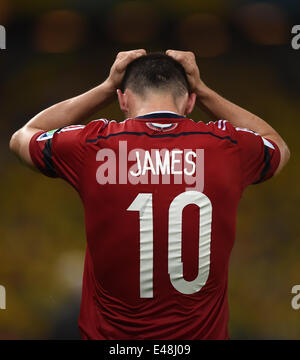 Fortaleza, Brésil. Le 04 juillet, 2014. James Rodriguez de la Colombie réagit après la perte de la Coupe du Monde de Football 2014 football match de quart de finale entre le Brésil et la Colombie, à l'Estadio Castelao à Fortaleza, Brésil, 04 juillet 2014. Credit : Action Plus Sport/Alamy Live News Banque D'Images