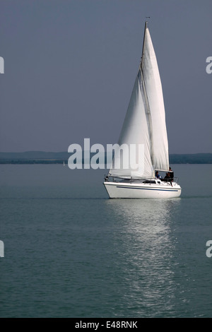 Voilier blanc près de Balatonfüred au Lac Balaton, Hongrie Banque D'Images