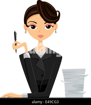 Illustration d'une fille de bureau dans un costume noir assis à côté d'une pile de papier Banque D'Images