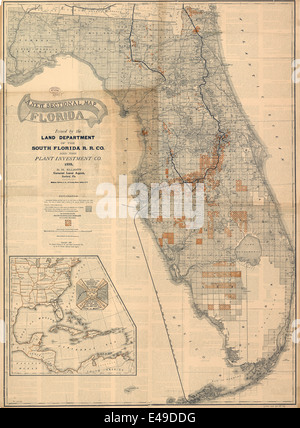 Une nouvelle carte de la Floride en coupe publié par le ministère des Terres de la Floride du Sud R. R. Co. et l'usine Investment Co. 1888 Banque D'Images