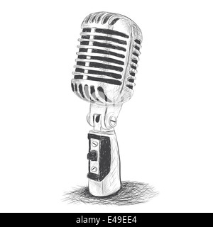 Microphone de studio dessinés à la main, sur fond blanc. Copie tramée Banque D'Images