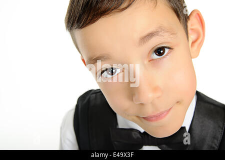 School boy en costume noir isolated on white Banque D'Images