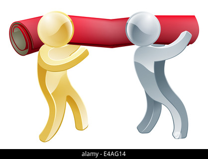 Les hommes d'argent et d'or portant un grand rouleau de tapis rouge Banque D'Images