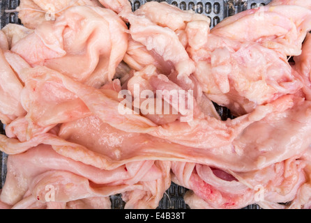 La peau des cuisses de poulet de supermarché retiré avant la cuisson. Banque D'Images